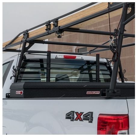 Steel Truck Rack Cab Protector with Coating installed on a white truck; premium steel construction for durable, heavy-duty protection in various weather conditions; ideal for RV, automotive, powersports, off-road, marine, exterior, truck accessories, interior, truck bed, and RV parts; AVADA - Best Sellers