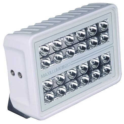 LED flood light, high-quality 101348 Lumitec Maxillume H120 Flush mount with white housing, produces wide even beam for marine, outdoor, or industrial settings.