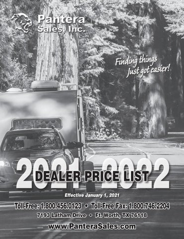 Cover of Pantera Sales Inc. 2021-2022 Dealer Price List with a motorhome traveling on a forest road.