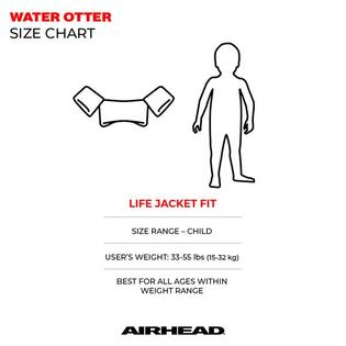 Airhead Otter Elite Ch Life V Freedom size chart detailing the child's life jacket fit for users weighing 33-55 lbs (15-32 kg).