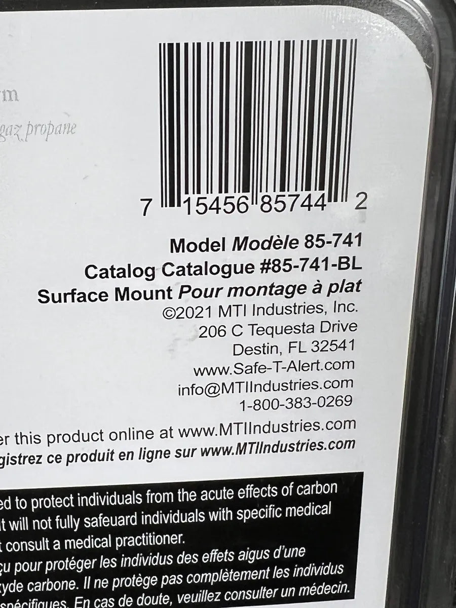 Barcode label and information for the 85-741-BL-TR MTI Combination Carbon Monoxide/Propane detector by MTI Industries.