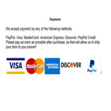 Payment methods accepted: PayPal, Visa, MasterCard, American Express, Discover.