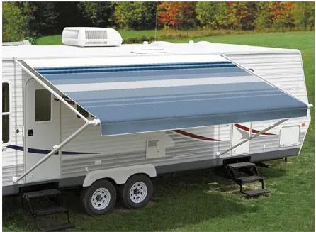 RV with Carefree/Co. Fiesta-Blk 18' Dsbg Dbg Awning, providing durable, sleek shade. Ideal for automotive, powersports, off-road, marine, exterior and truck accessories, interior, truck bed, RV parts. Outdoor Living, Exterior Parts & Accessories, RV Sun and Shade Solutions Awnings and Parts for Ultimate Comfort, AVADA - Best Sellers