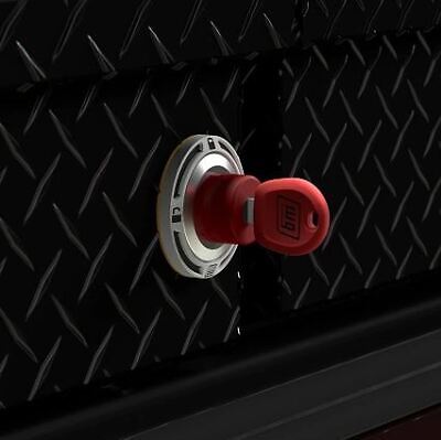 70043R Weatherguard Lock with Replacement Codable Feature, durable red lock on black diamond plate background, secure and precise coding for Weatherguard equipment protection.