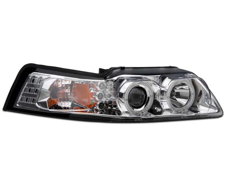 Raxiom 99-04 Ford Mustang Dual LED Halo Projector Headlights- Chrome Housing (Clear Lens)