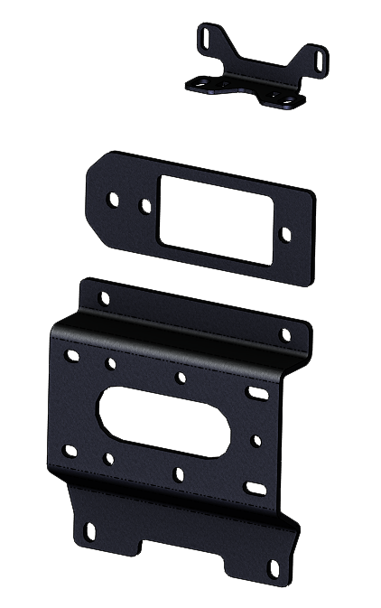 "101670 Winch Mount" product showing three black steel mounting plates for easy winch installation on stock bumpers, designed for OEM integration, requiring minimal drilling and shim adjustments.