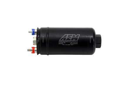 AEM 380LPH High Pressure Fuel Pump, -6AN Female Out, -10AN Female In, black, with red and blue wiring terminals.