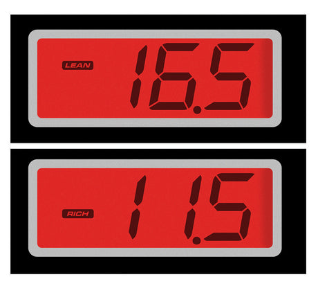 Backlighted wide-band air/fuel ratio gauge display of BA004068 for precise engine tuning with lean and rich readings.