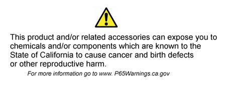 Warning label for Fuelab 828 In-Line Fuel Filter Long -8AN In/Out 6 Micron Fiberglass - Black, alerting about exposure to chemicals known to cause cancer and birth defects according to California's Proposition 65 regulations for automotive, RV, truck accessories, marine, and off-road use.