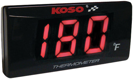 BA024R10 Super Slim Temperature Gauge with Red Display by Koso, features ultra-thin design, blue backlight, and includes water temp sensor.