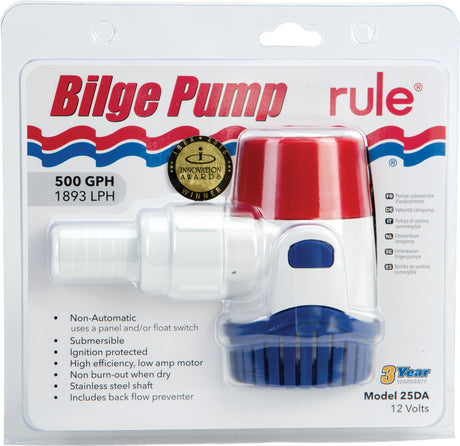 Rule 25DA Non-Automatic Bilge Pump 500 GPH, compact, easy installation, gasoline-resistant strainer, high efficiency, submersible, 72-inch wire leads.