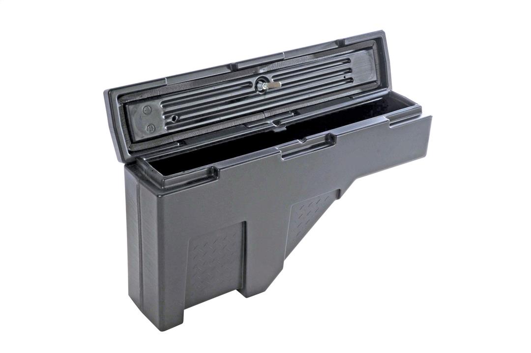 Tool Box Wheel Well; Single Reversible Lid; Black; Polyethylene; 37 Inch Top Length/ 14 Inch Bottom Length x 7.75 Inch Width x 19.5 Inch Rear Height/ 8.5 Inch Front Height; 2.2 Cubic Foot Capacity; Mounts On Either Side Of Bed; "Because of different style