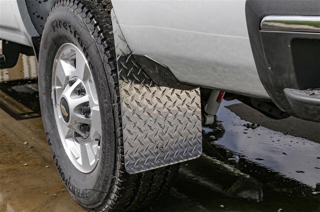 Mud Flap Multi-Fit (See Document for Guidance); 11 Inch X 19 Inch; Set of 2; Rectangle With Radius Notch; Without Logo; Brite Tread; Aluminum; Screw On