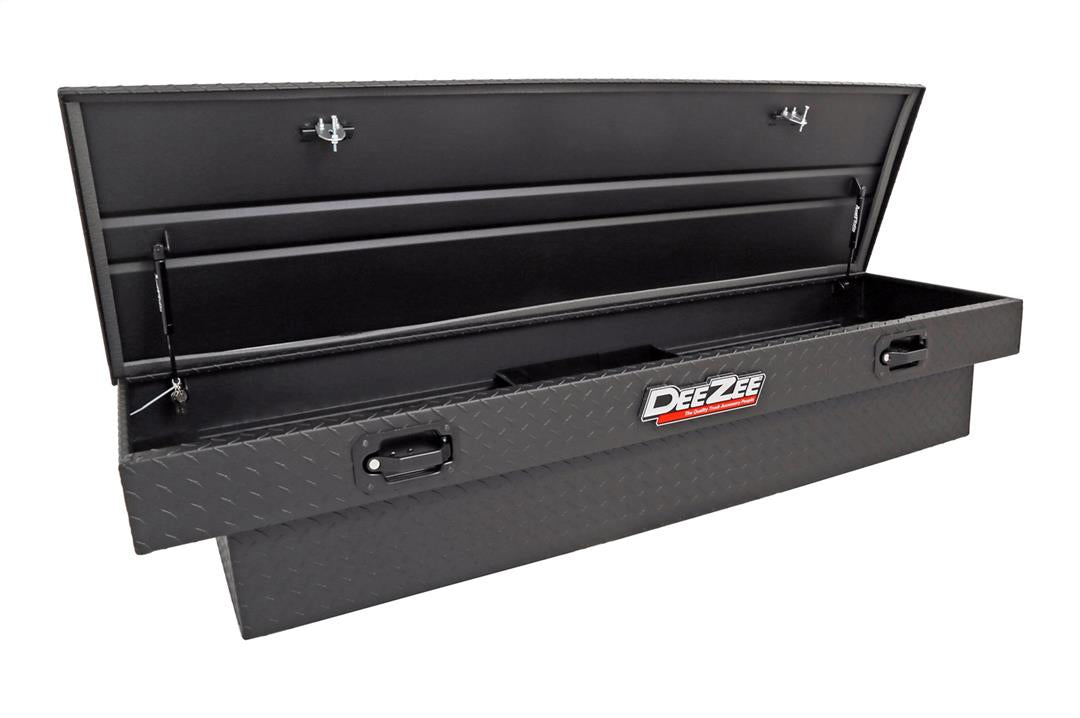 Tool Box Crossover Standard; Single Lid; Diamond Tread; Black Textured Powder Coated Aluminum; 69-3/4 Inch Length x 20 Inch Width x 12.2 Inch Height; 8.4 Cubic Foot Capacity; With Pull Handles