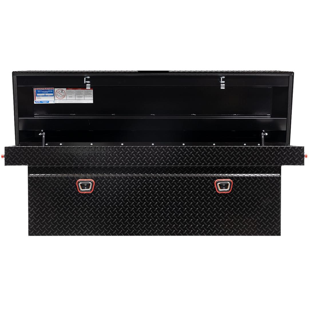 Tool Box Crossover; Single Lid; Powder Coated; Gloss Black; Aluminum; 72 Inch Length x 24 Inch Height x 20-1/2 Inch Width; 14.2 Cubic Feet Capacity