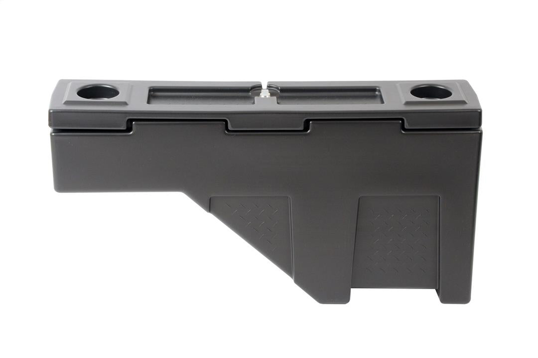 Tool Box Wheel Well; Single Reversible Lid; Black; Polyethylene; 37 Inch Top Length/ 14 Inch Bottom Length x 7.75 Inch Width x 19.5 Inch Rear Height/ 8.5 Inch Front Height; 2.2 Cubic Foot Capacity; Mounts On Either Side Of Bed; "Because of different style