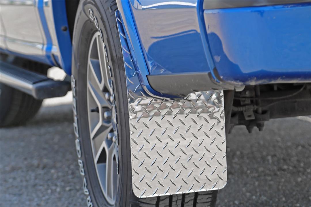 Mud Flap Multi-Fit (See Document for Guidance); 11 Inch X 19 Inch; Set of 2; Rectangle With Radius Notch; Without Logo; Brite Tread; Aluminum; Screw On