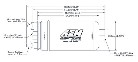 AEM 380LPH High Pressure Fuel Pump with -6AN Female Out and -10AN Female In product schematic and dimensions.