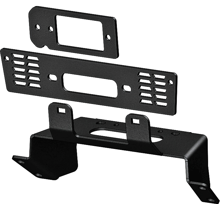 "101560 Winch Mount, OEM integrated design, durable black steel, requires drilling and lead rotation, ensures robust winch installation with stock bumper."