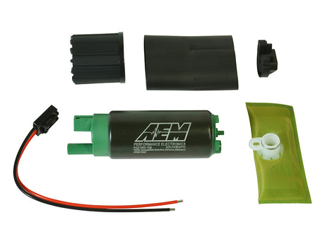 AEM 340LPH E85-Compatible High Flow In-Tank Fuel Pump Kit with wiring harness, pre-filter, hose, clamps, and rubber buffer sleeve.